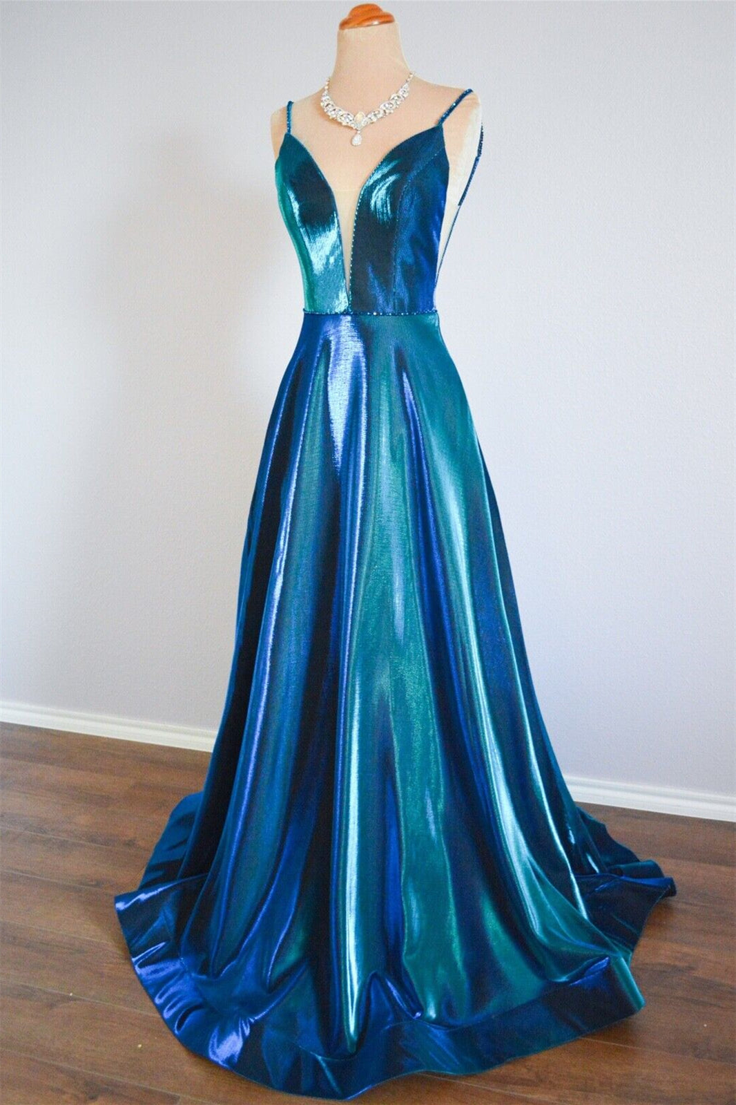 Blue A-line V Neckline Satin Spaghetti Strap Backless Long Formal Dress