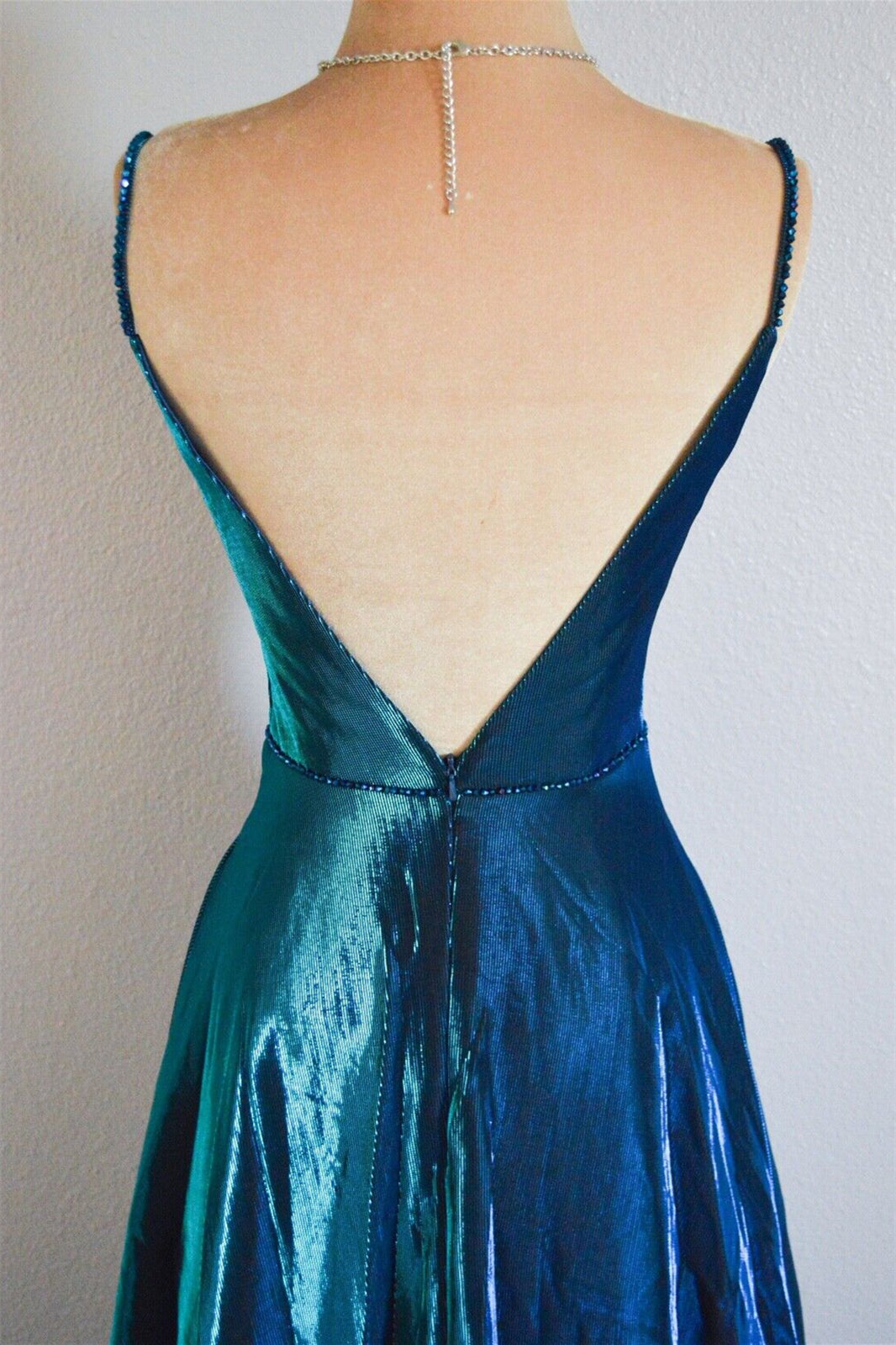 Blue A-line V Neckline Satin Spaghetti Strap Backless Long Formal Dress