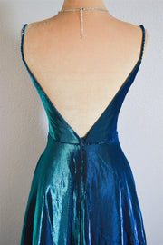 Blue A-line V Neckline Satin Spaghetti Strap Backless Long Formal Dress