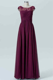 Raspberry A-line Lace Illusion Cap Sleeves Pleated Chiffon Long Bridesmaid Dress