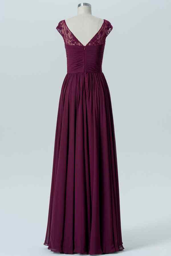 Raspberry A-line Lace Illusion Cap Sleeves Pleated Chiffon Long Bridesmaid Dress Raspberry / US 16 Raspberry A-line Lace Illusion Cap Sleeves Pleated Chiffon Long Bridesmaid Dress Raspberry / US 16