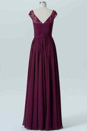 Raspberry A-line Lace Illusion Cap Sleeves Pleated Chiffon Long Bridesmaid Dress