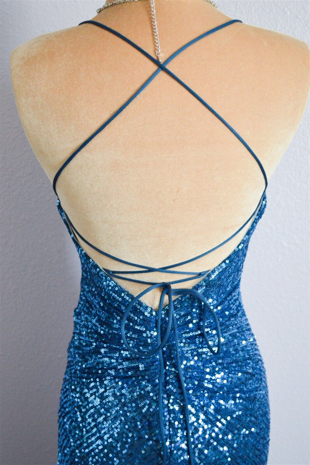 Blue Jay Mermaid Sequins Spaghetti Strap Cross Back Long Formal Dress