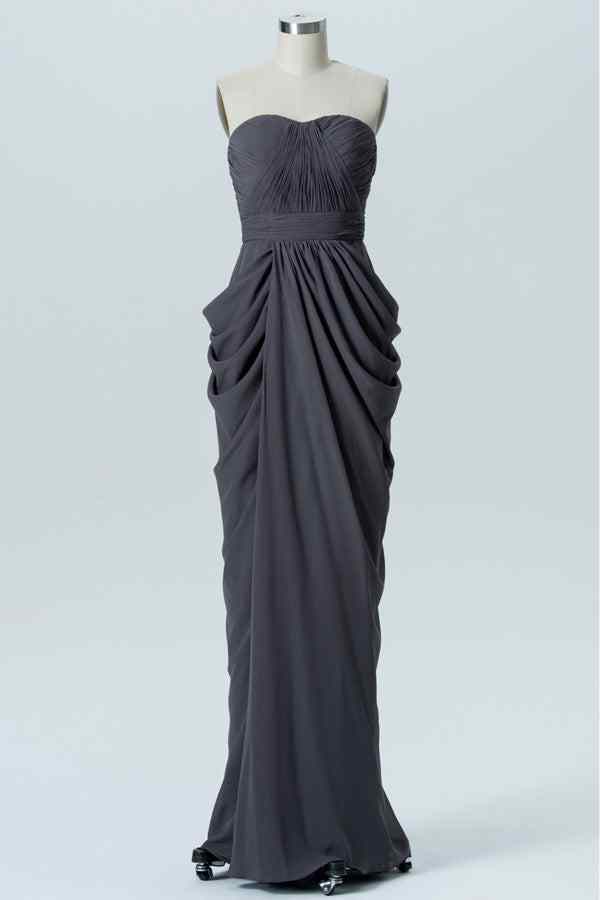 Dark Grey Sheath Strapless Pleated Chiffon Long Bridesmaid Dress