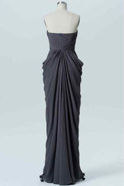 Dark Grey Sheath Strapless Pleated Chiffon Long Bridesmaid Dress