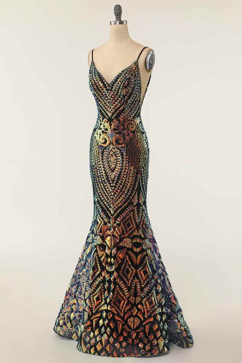 Black Mermaid V Neckline Colorful Sequins Long Prom Dress