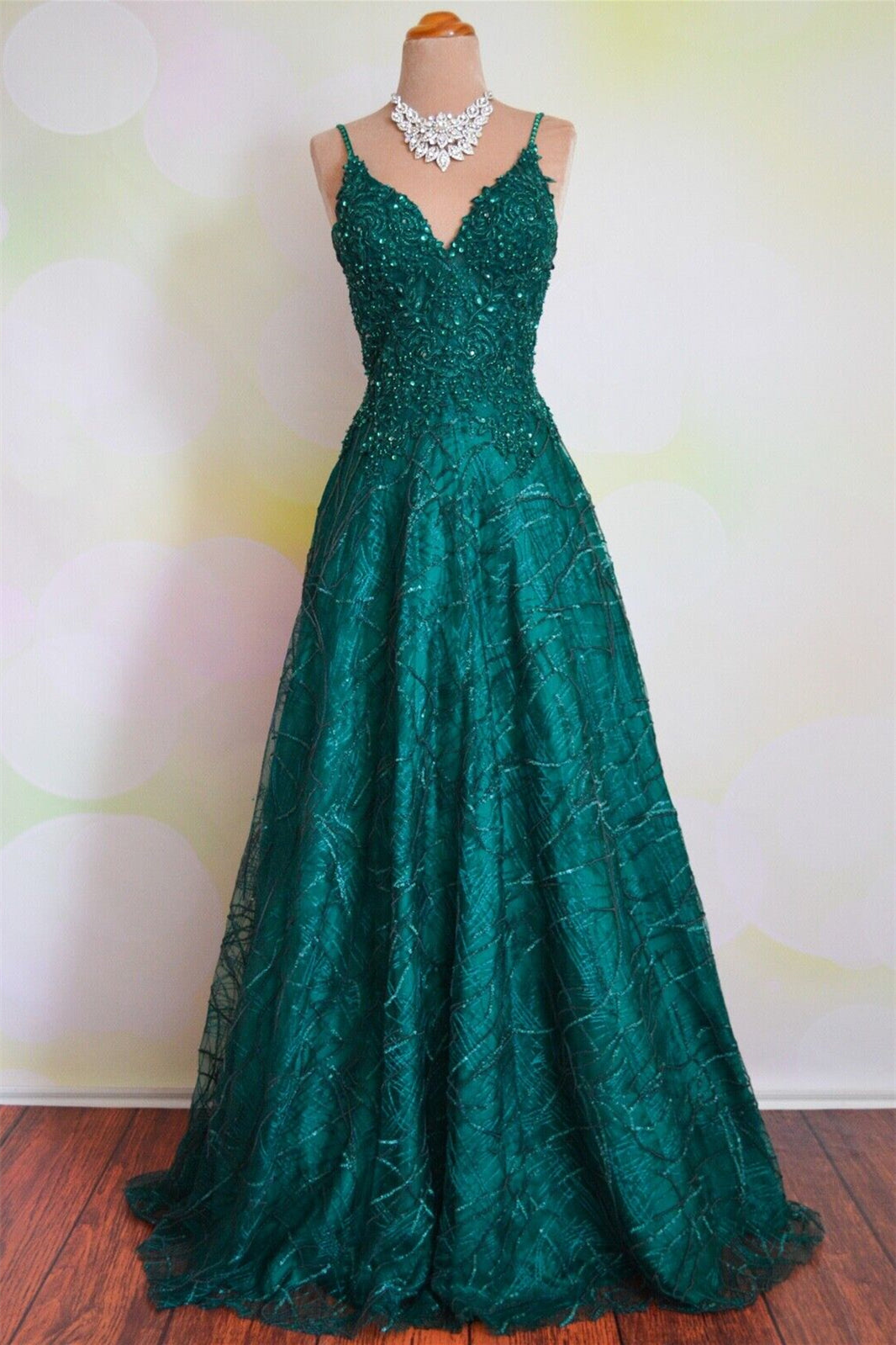 Peacock Green A-line Tulle Spaghetti Strap Backless Lace Long Formal Dress