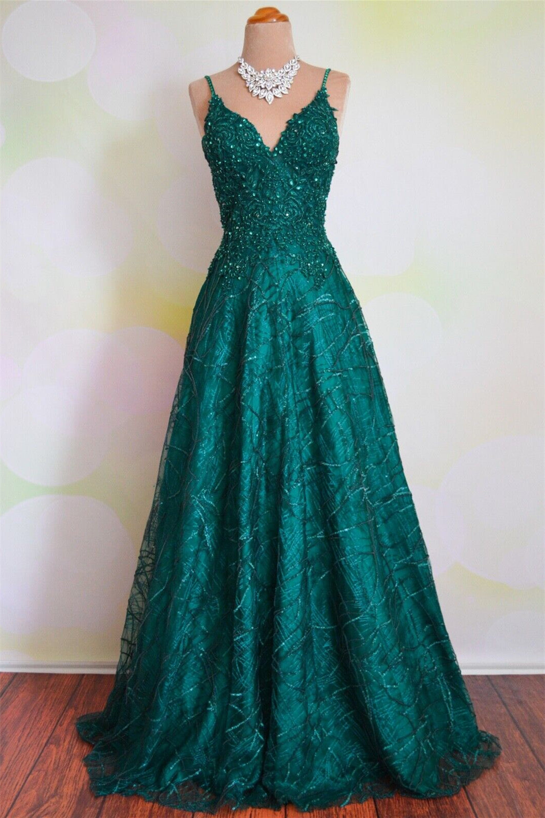 chinese dress ladies Green V-Neck Lace Long Prom Dresses, A-Line Evening Dresses US 16 / Green main image 1