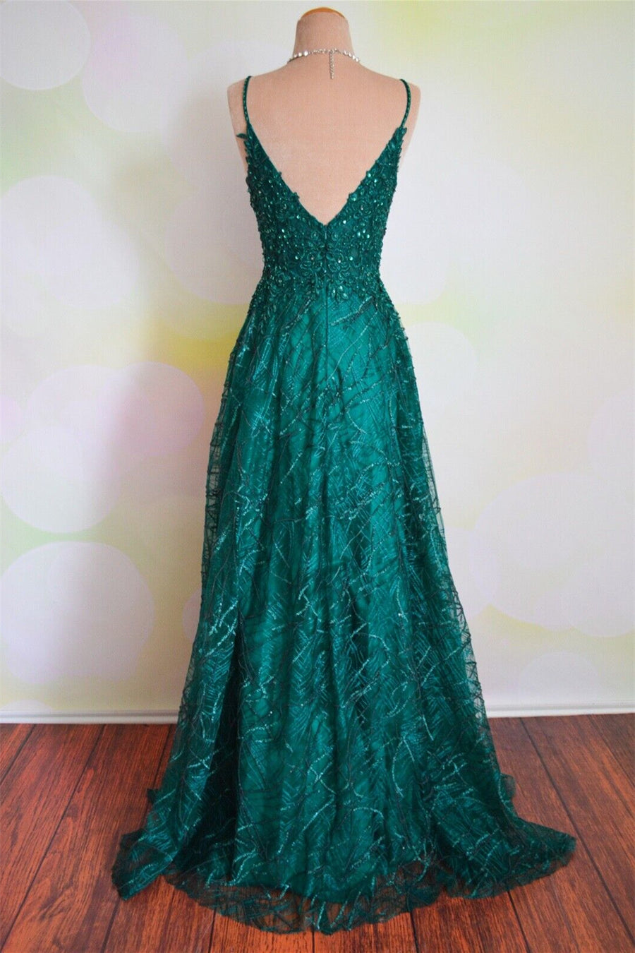 Peacock Green A-line Tulle Spaghetti Strap Backless Lace Long Formal Dress