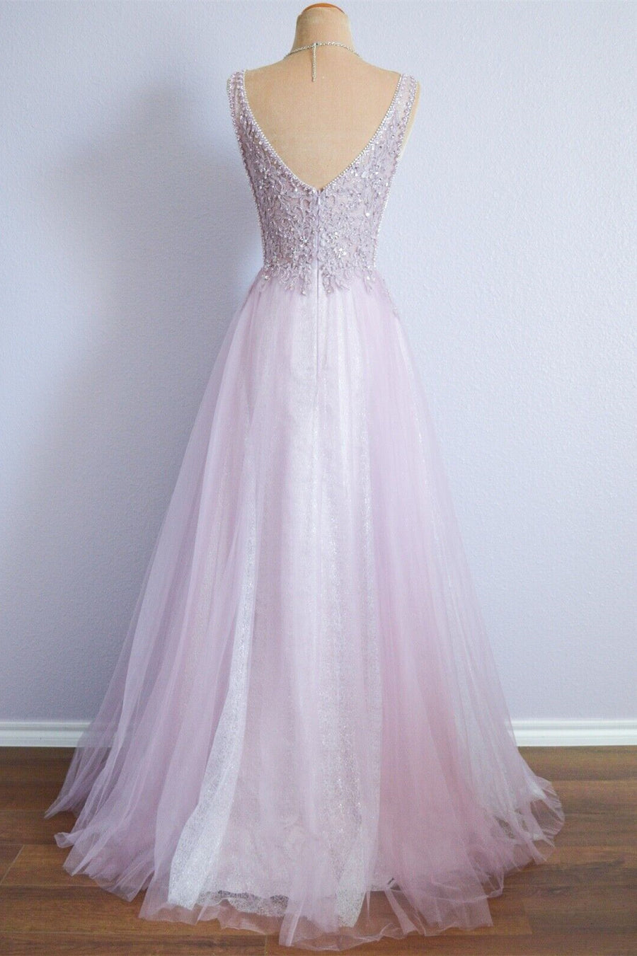 Lilac A-line Tulle Spaghetti Strap Lace Long Formal Dress