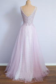 Lilac A-line Tulle Spaghetti Strap Lace Long Formal Dress