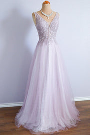 Lilac A-line Tulle Spaghetti Strap Lace Long Formal Dress