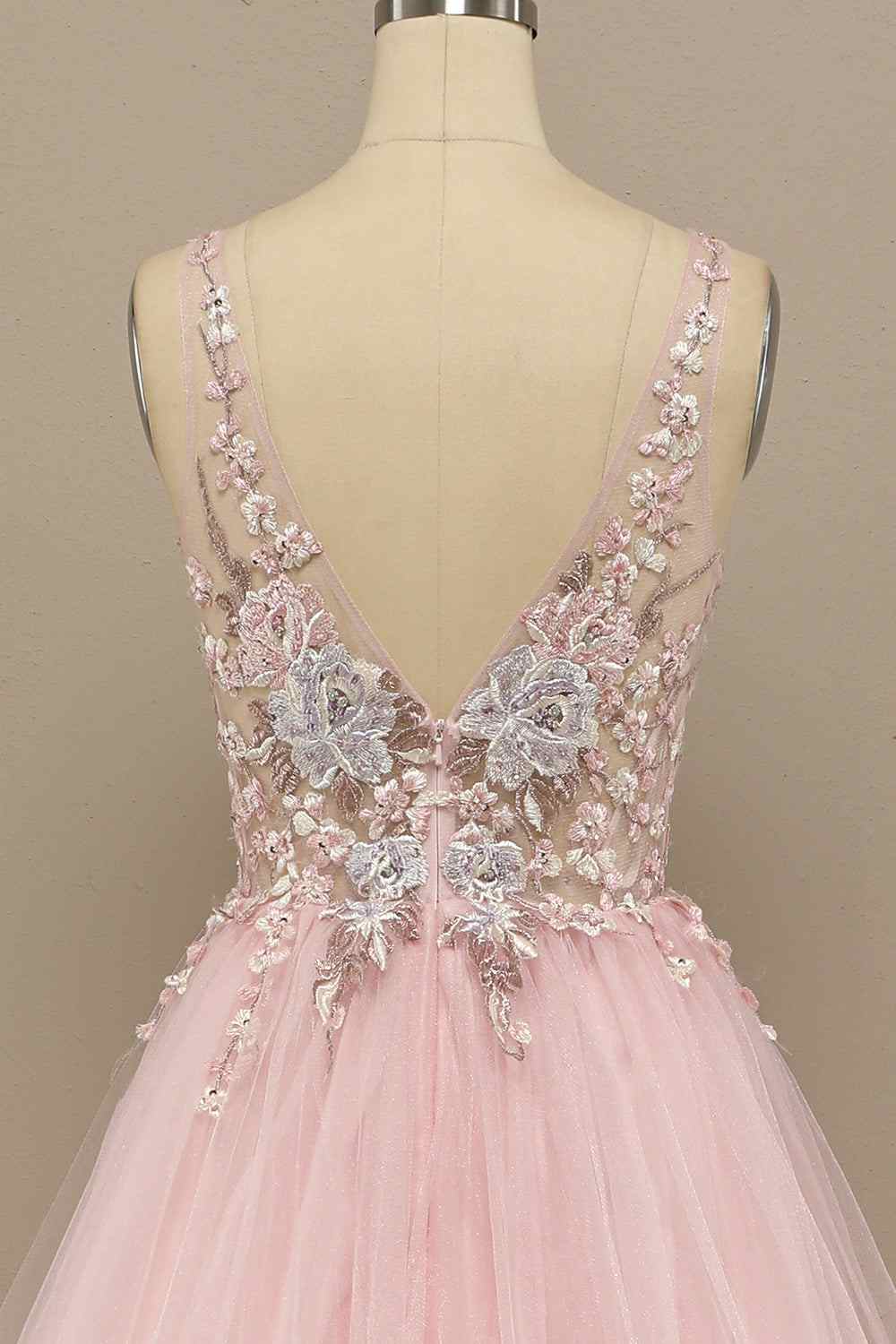 A-line V Neckline Tulle Applique Long Prom Dress