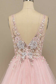 A-line V Neckline Tulle Applique Long Prom Dress