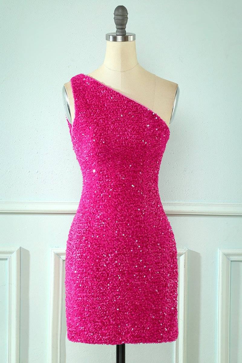 Fuchsia Sheath One Shoulder Straps Back Sequins Mini Homecoming Dress