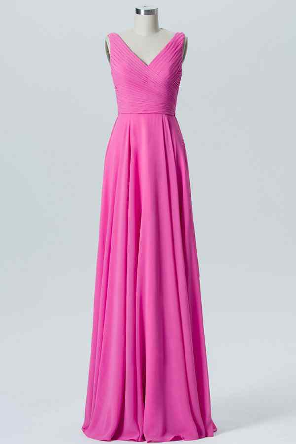 Fuchsia A-line V Neck Chiffon Pleated Sash Long Bridesmaid Dress Regency / US 12 Fuchsia A-line V Neck Chiffon Pleated Sash Long Bridesmaid Dress Regency / US 12