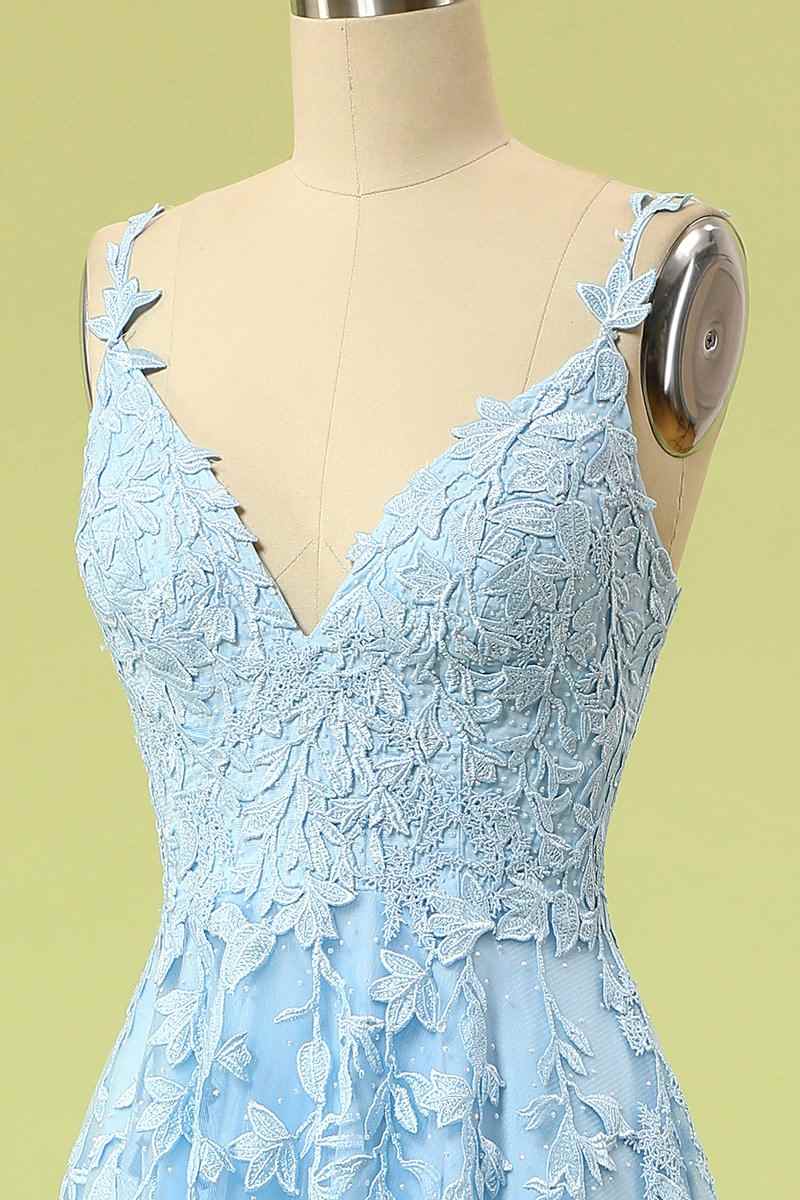 Spaghetti Straps V-Neck Lace Appliques Prom Party Dress