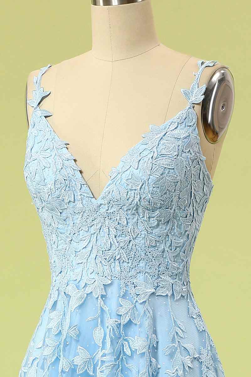 Sky Blue A-line V Neckline Applique Tulle Long Prom Dress