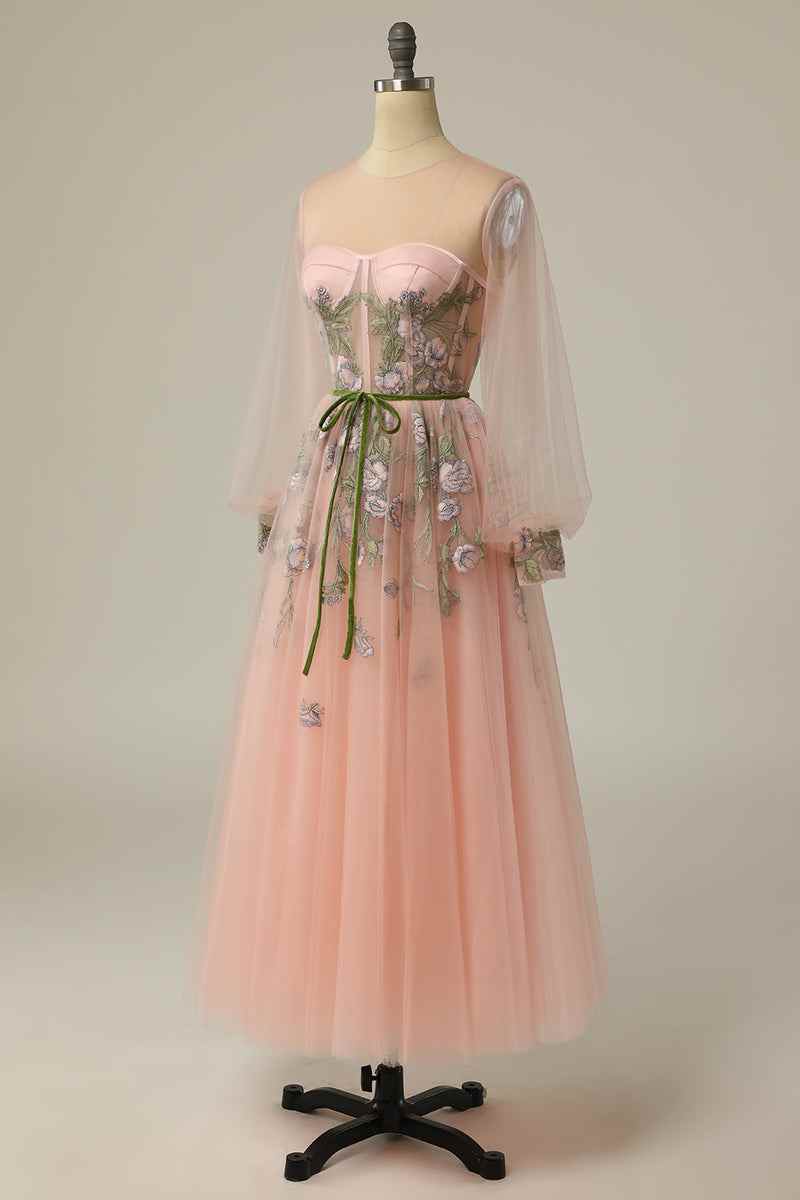 Round Long Sleeves Tulle A-Line Appliques Party Prom Dress