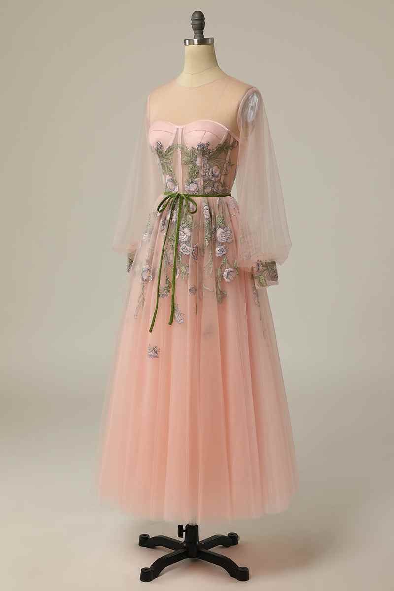 Blushing Pink A-line Strapless Embroidered Tulle Ankle Length Prom Dress