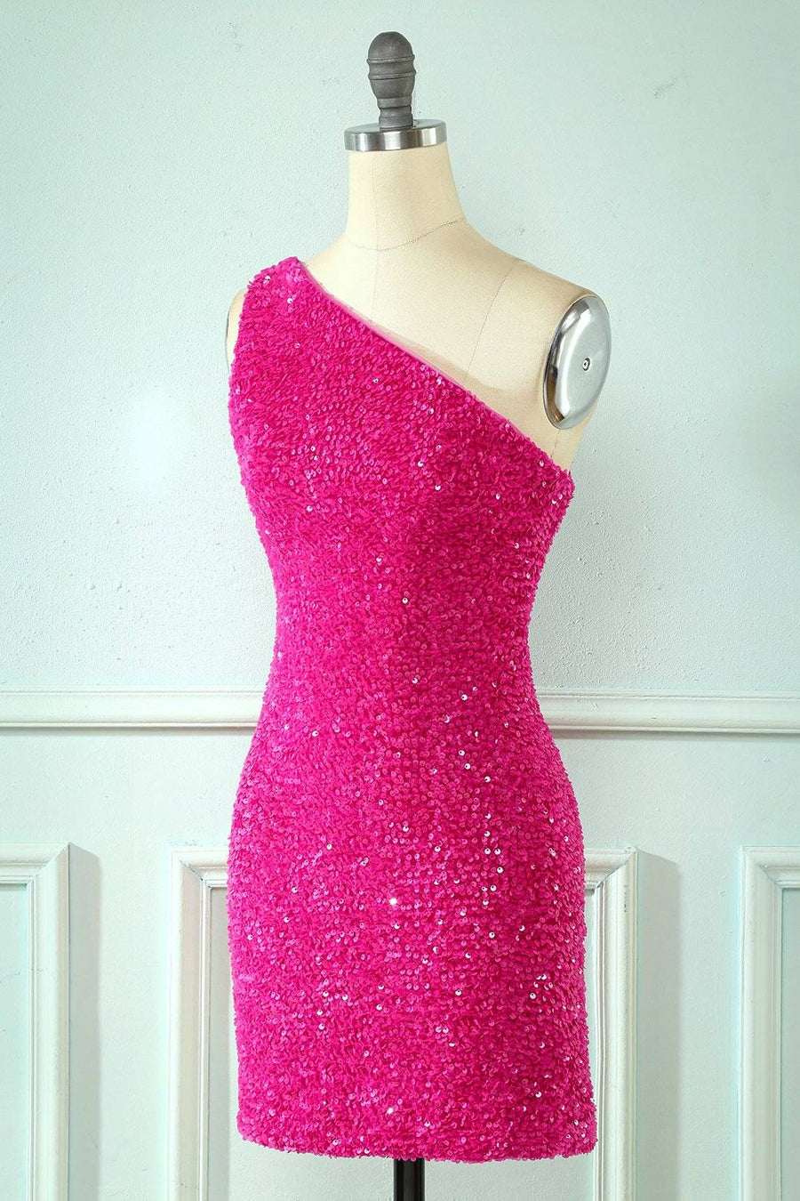 Fuchsia Sheath One Shoulder Straps Back Sequins Mini Homecoming Dress