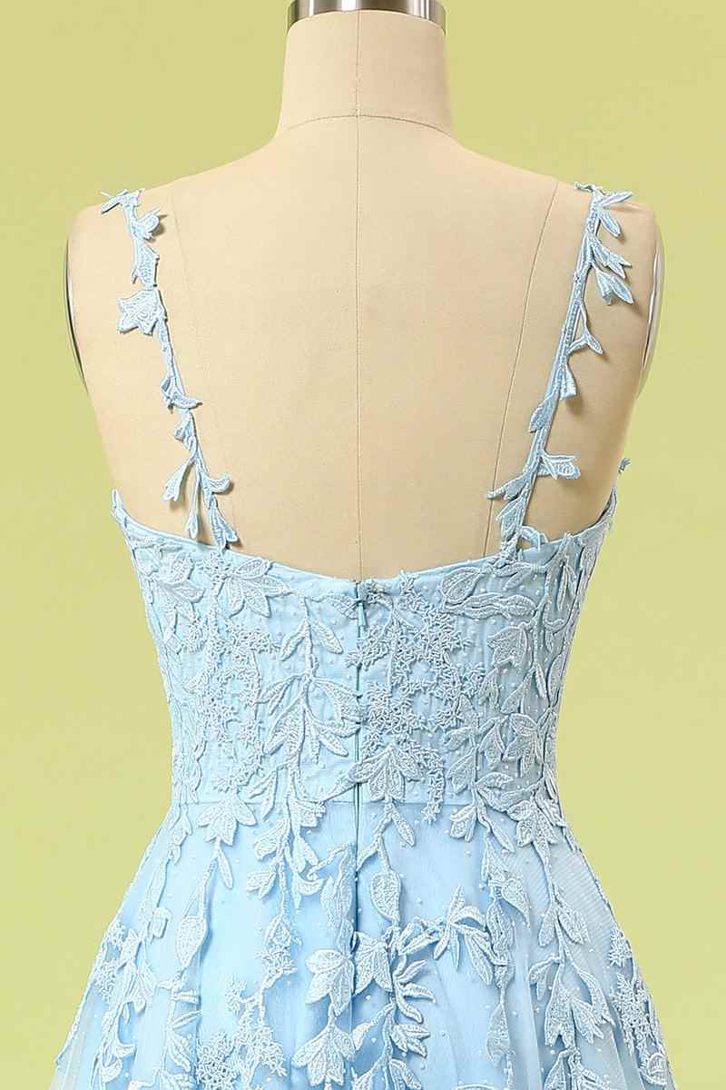 Spaghetti Straps V-Neck Lace Appliques Prom Party Dress