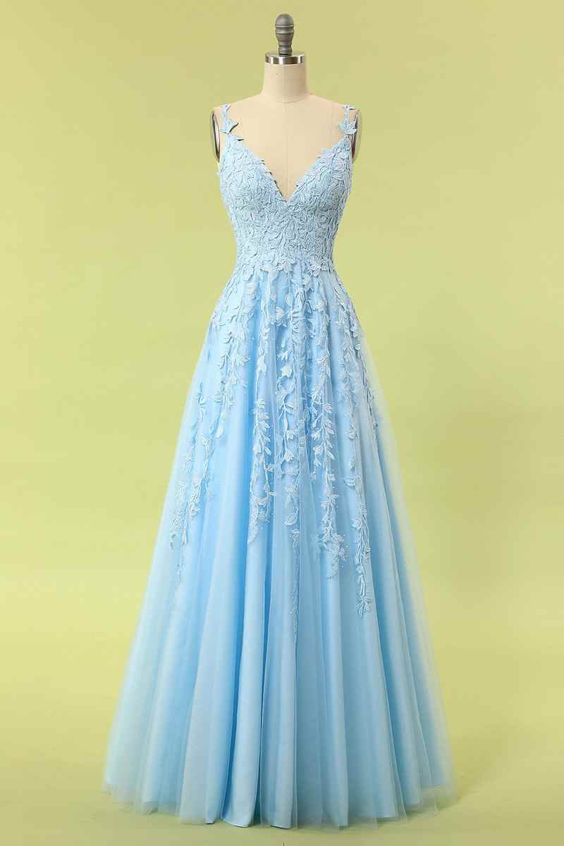 Sky Blue A-line V Neckline Applique Tulle Long Prom Dress