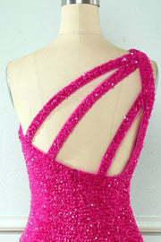 Fuchsia Sheath One Shoulder Straps Back Sequins Mini Homecoming Dress