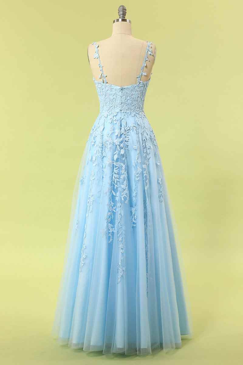 Spaghetti Straps V-Neck Lace Appliques Prom Party Dress