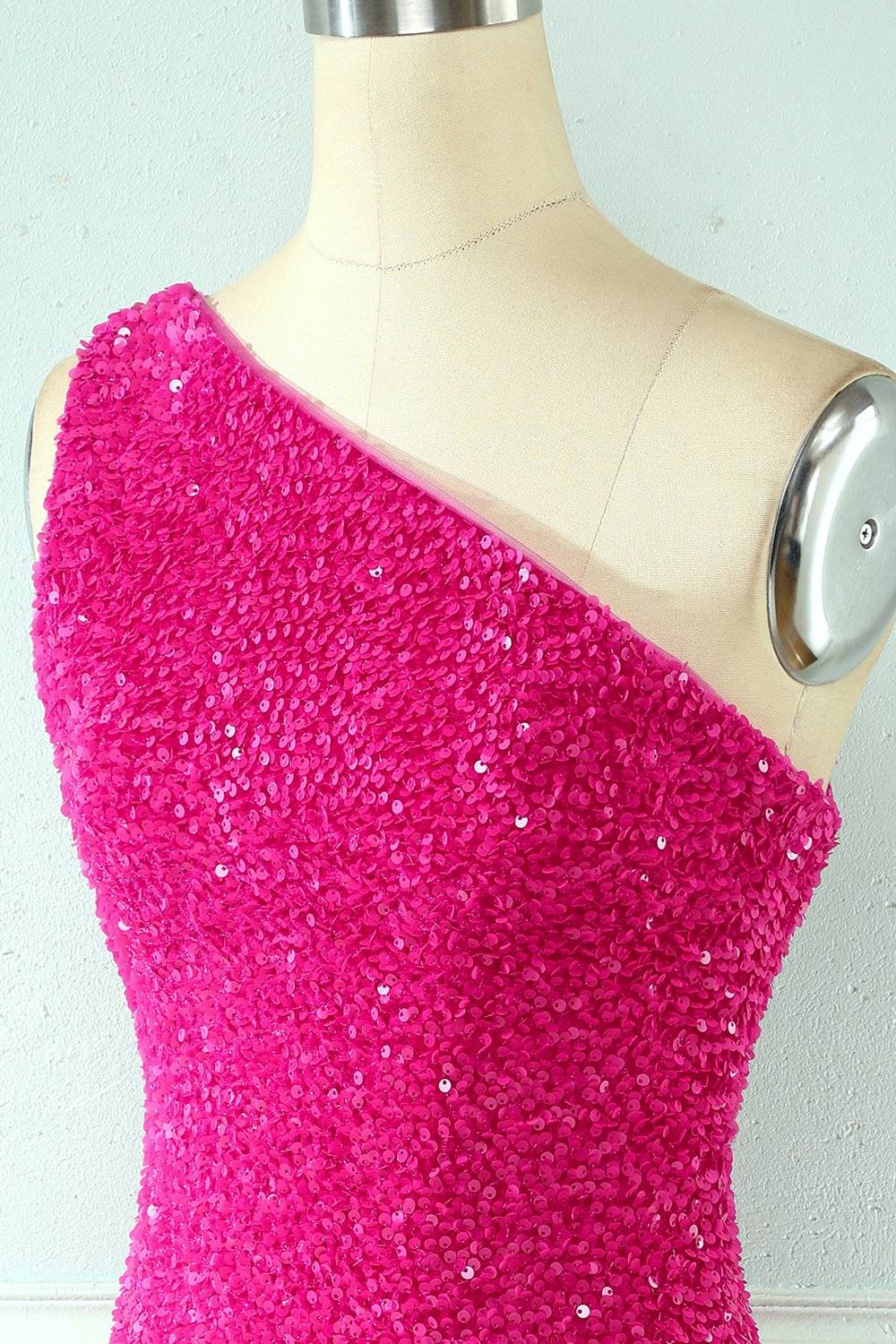 Fuchsia Sheath One Shoulder Straps Back Sequins Mini Homecoming Dress