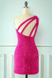 Fuchsia Sheath One Shoulder Straps Back Sequins Mini Homecoming Dress