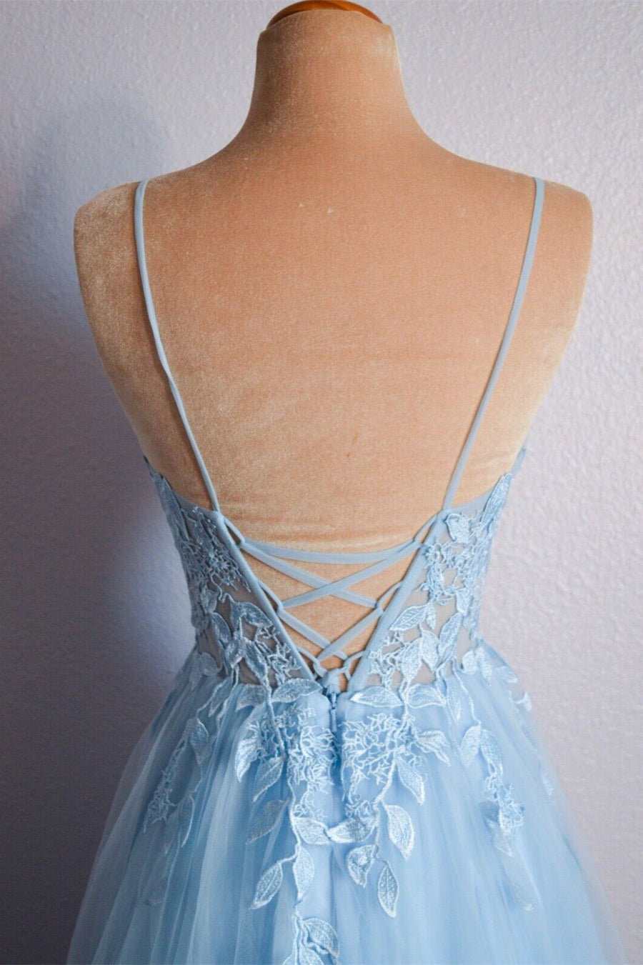 Sky Blue A-linen V-Neckline Sheer Tulle Spaghetti Straps Lace Long Prom Dress