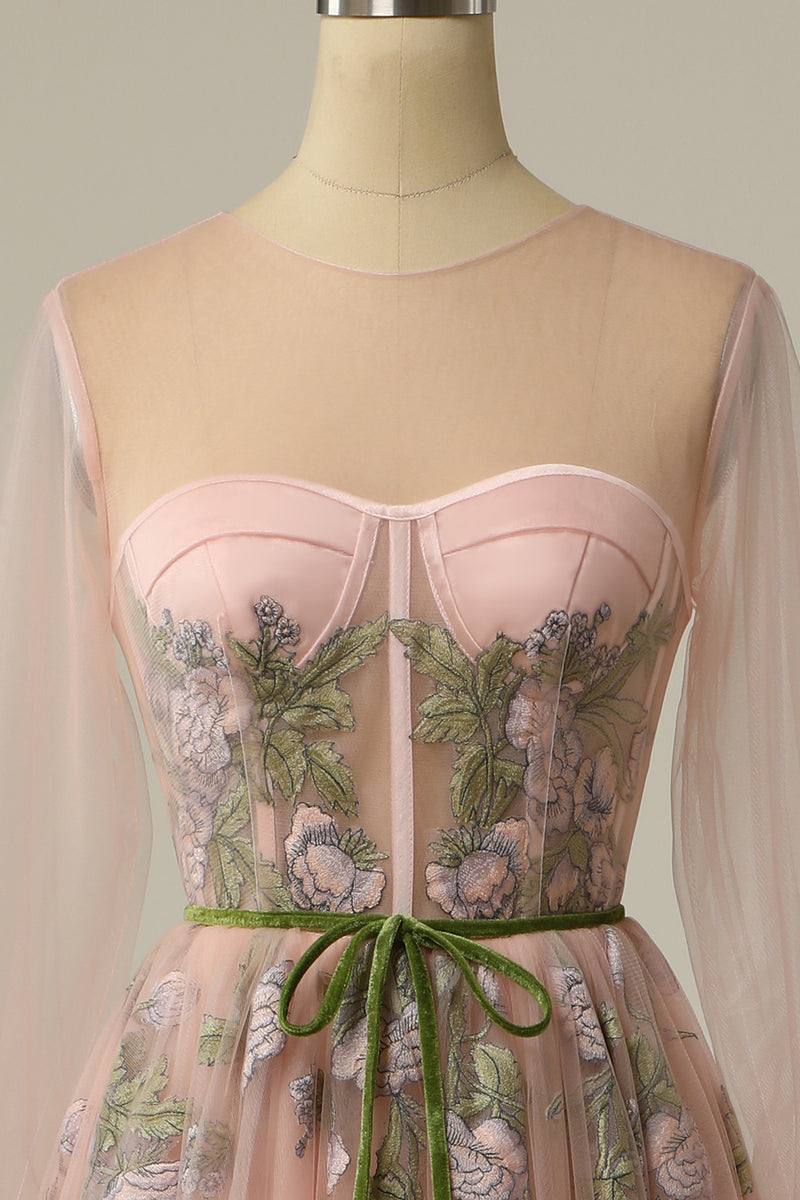 Round Long Sleeves Tulle A-Line Appliques Party Prom Dress