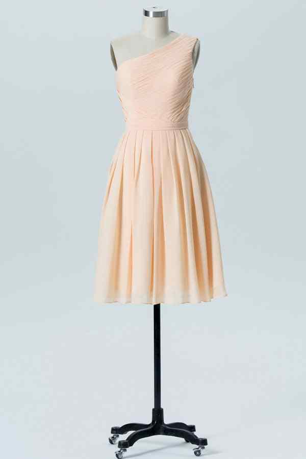 Pearl Pink A-Line One Shoulder Pleated Chiffon Mini Bridesmaid Dress Pearl Pink / US 10 Pearl Pink A-Line One Shoulder Pleated Chiffon Mini Bridesmaid Dress Pearl Pink / US 10