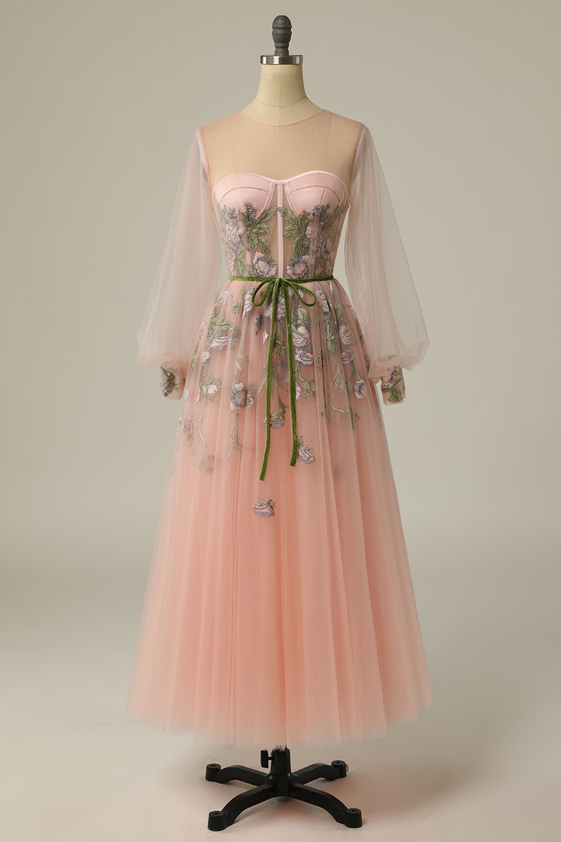 Round Long Sleeves Tulle A-Line Appliques Party Prom Dress
