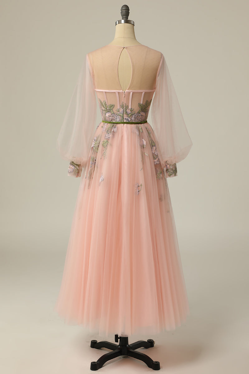 Round Long Sleeves Tulle A-Line Appliques Party Prom Dress