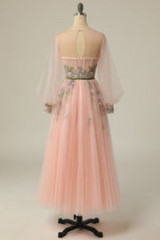 Blushing Pink A-line Strapless Embroidered Tulle Ankle Length Prom Dress