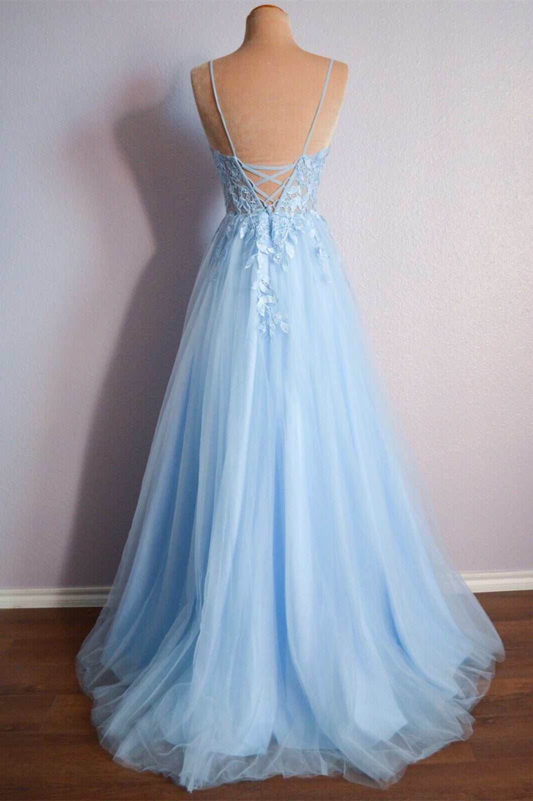 Lace Top Tulle A-Line V-Neck Sleeveless Party Prom Dress
