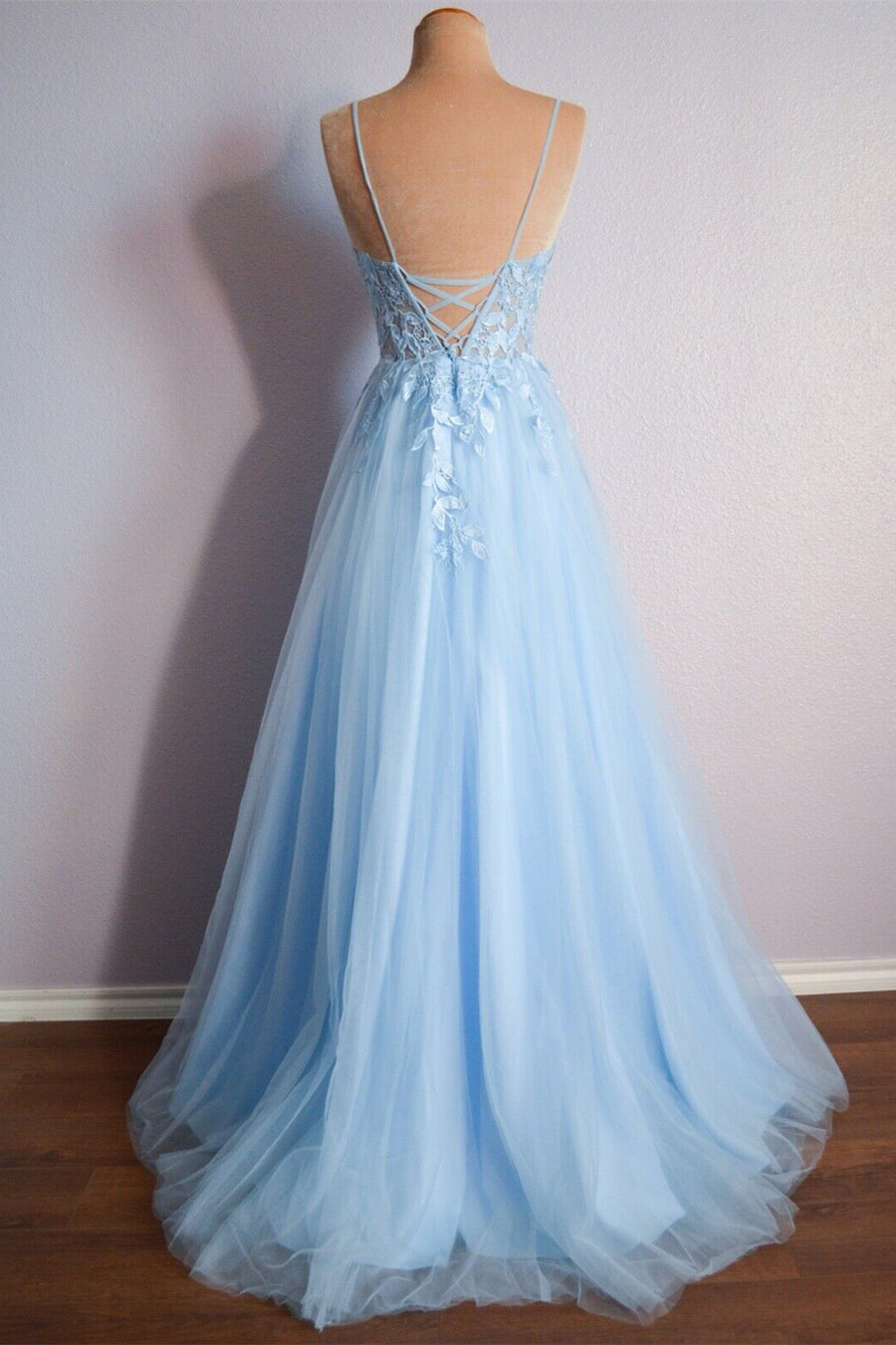 Sky Blue A-linen V-Neckline Sheer Tulle Spaghetti Straps Lace Long Prom Dress