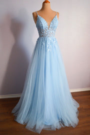 Sky Blue A-linen V-Neckline Sheer Tulle Spaghetti Straps Lace Long Prom Dress