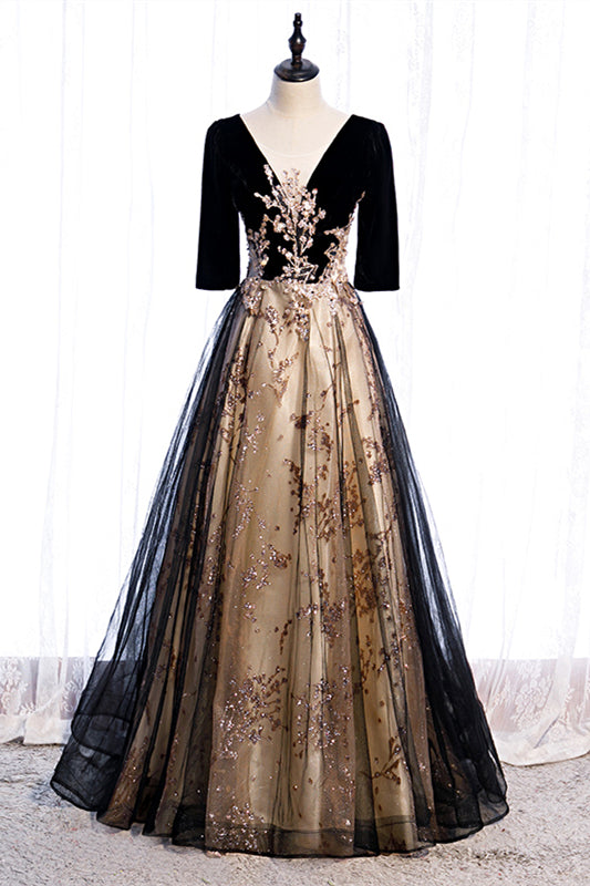 Black V Neck Long Sleeves Beaded Appliques Long Formal Dress