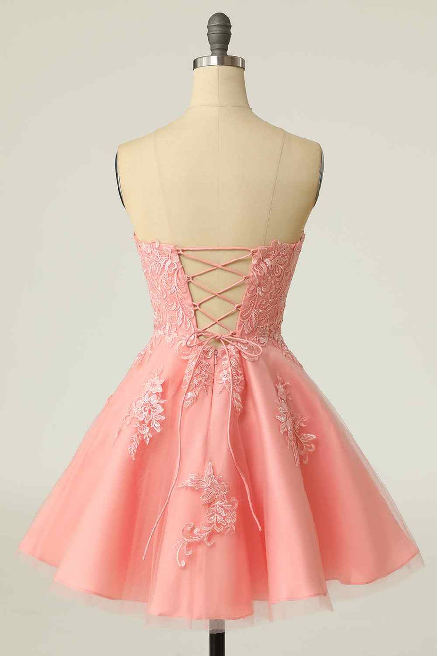 Pink A-line Strapless Lace-Up Back Applique Tulle Mini Homecoming Dress