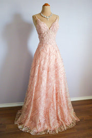 Blushing Pink Spaghetti Strap Sequins Lace Long Formal Dress