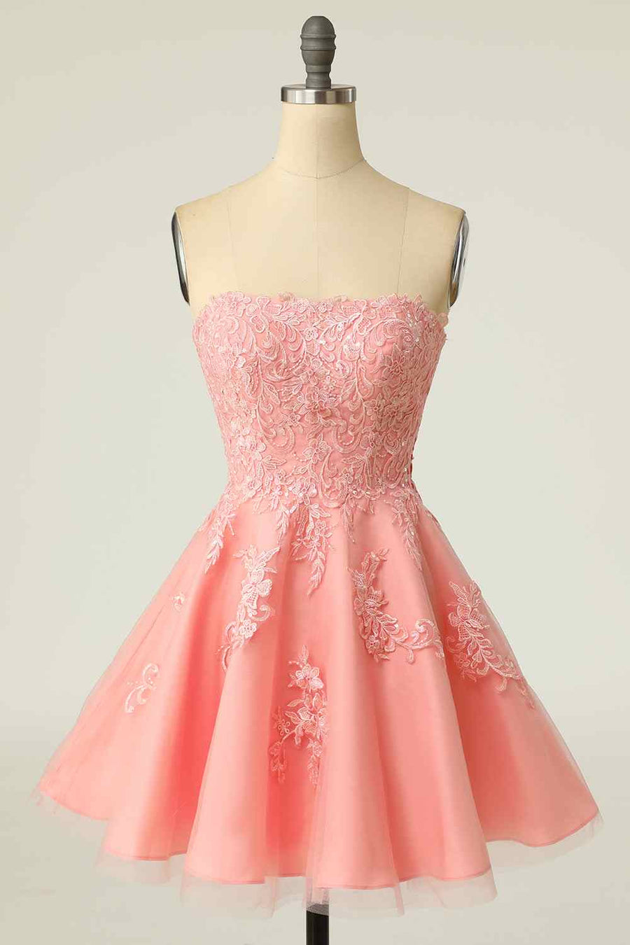Pink A-line Strapless Lace-Up Back Applique Tulle Mini Homecoming Dres | Joyofdress Pink A-line Strapless Lace-Up Back Applique Tulle Mini Homecoming Dres | Joyofdress