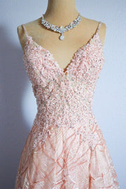 Blushing Pink Spaghetti Strap Sequins Lace Long Formal Dress