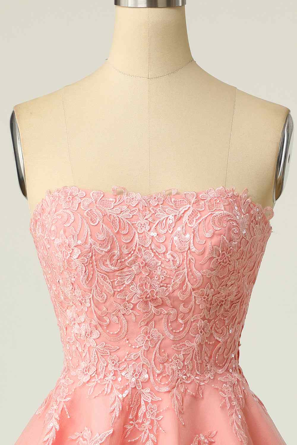 Pink A-line Strapless Lace-Up Back Applique Tulle Mini Homecoming Dress