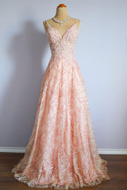 Blushing Pink Spaghetti Strap Sequins Lace Long Formal Dress