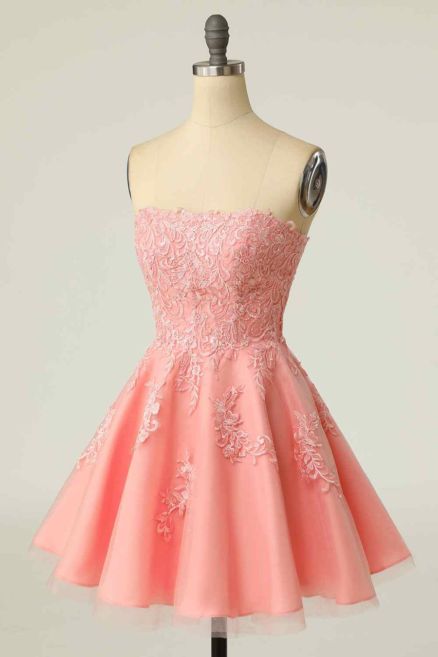 Pink A-line Strapless Lace-Up Back Applique Tulle Mini Homecoming Dress