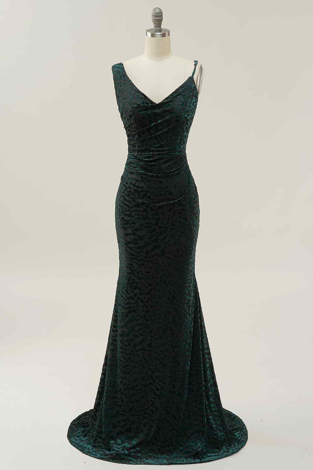 Pine Mermaid Cowl Neck an Back Pleated Satin Applique Long Prom Dress