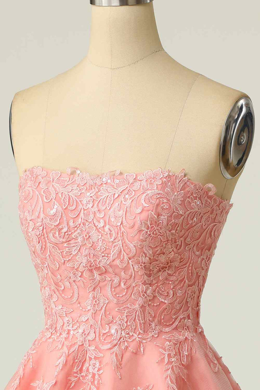 Pink A-line Strapless Lace-Up Back Applique Tulle Mini Homecoming Dress